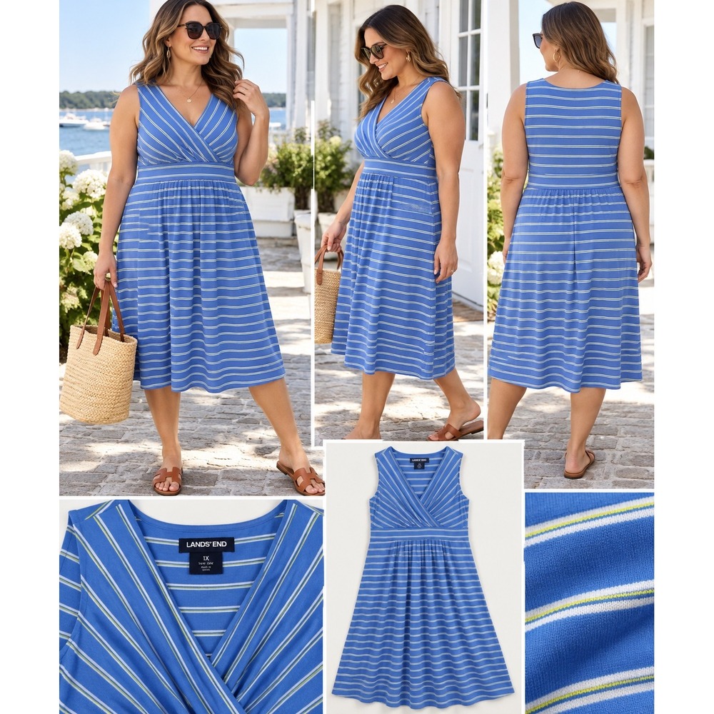 Lands' End 1X 16W 18W Blue Striped Pima Cotton Surplice Dress Coastal Preppy